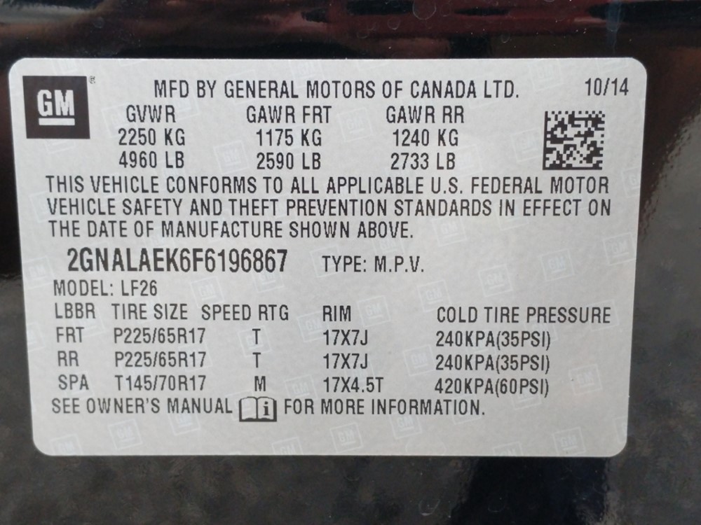 2015 Chevrolet Equinox - VIN Plate