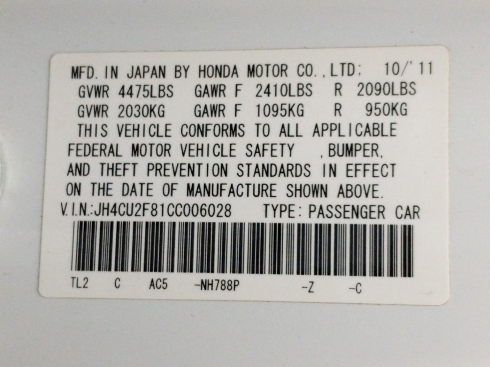 2012 Acura TSX - VIN Plate