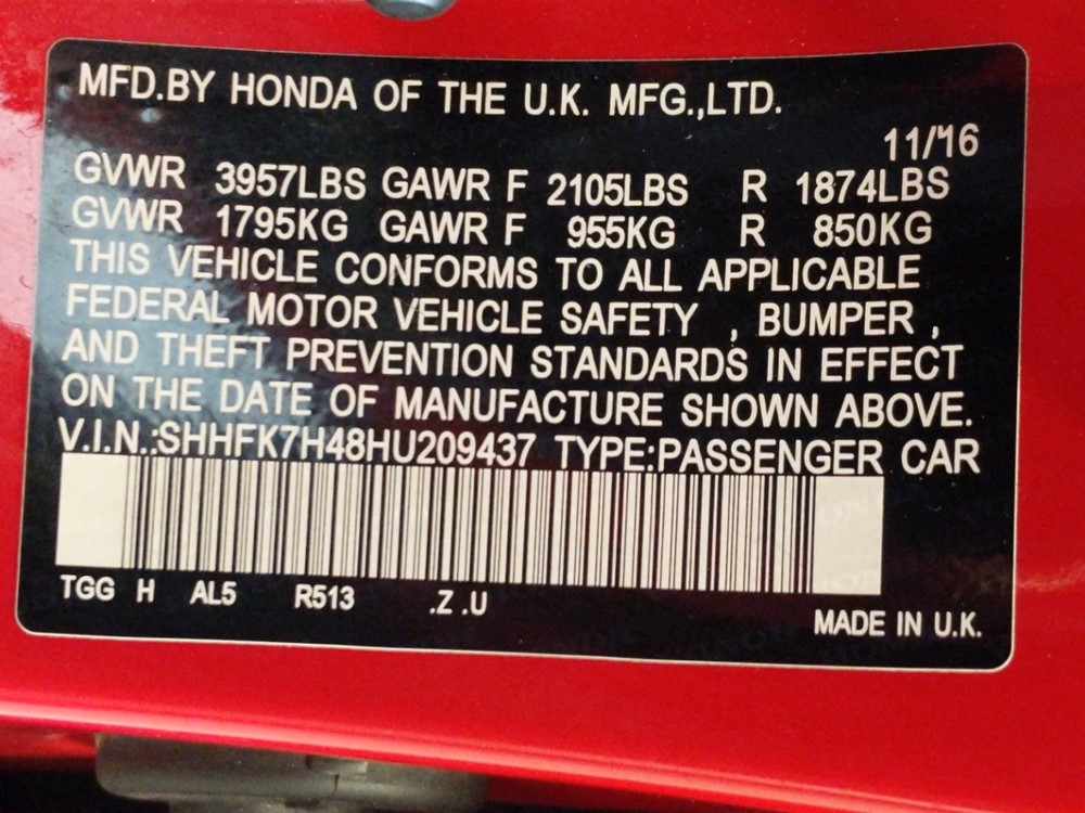 2017 Honda Civic - VIN Plate