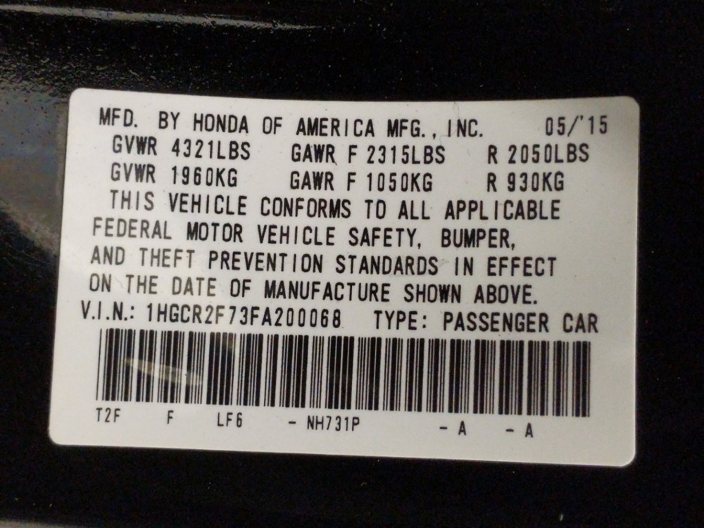 2015 Honda Accord - VIN Plate