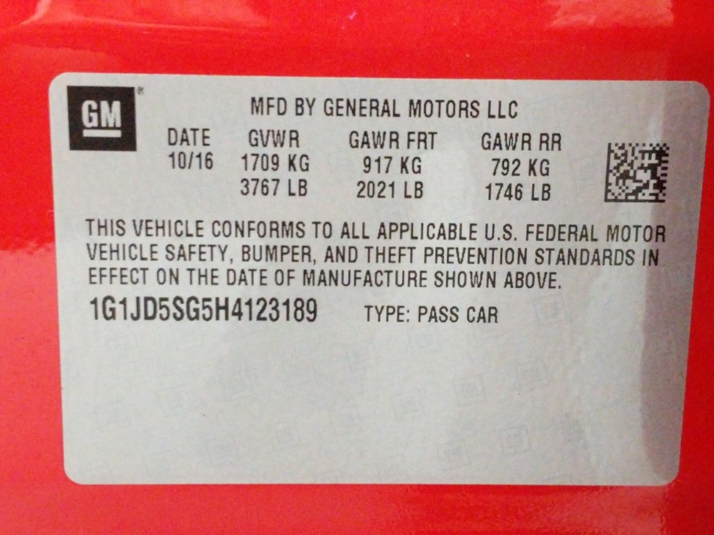 2017 Chevrolet Sonic - VIN Plate