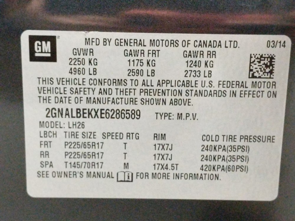 2014 Chevrolet Equinox - VIN Plate