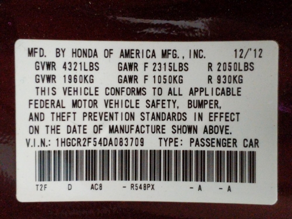 2013 Honda Accord - VIN Plate