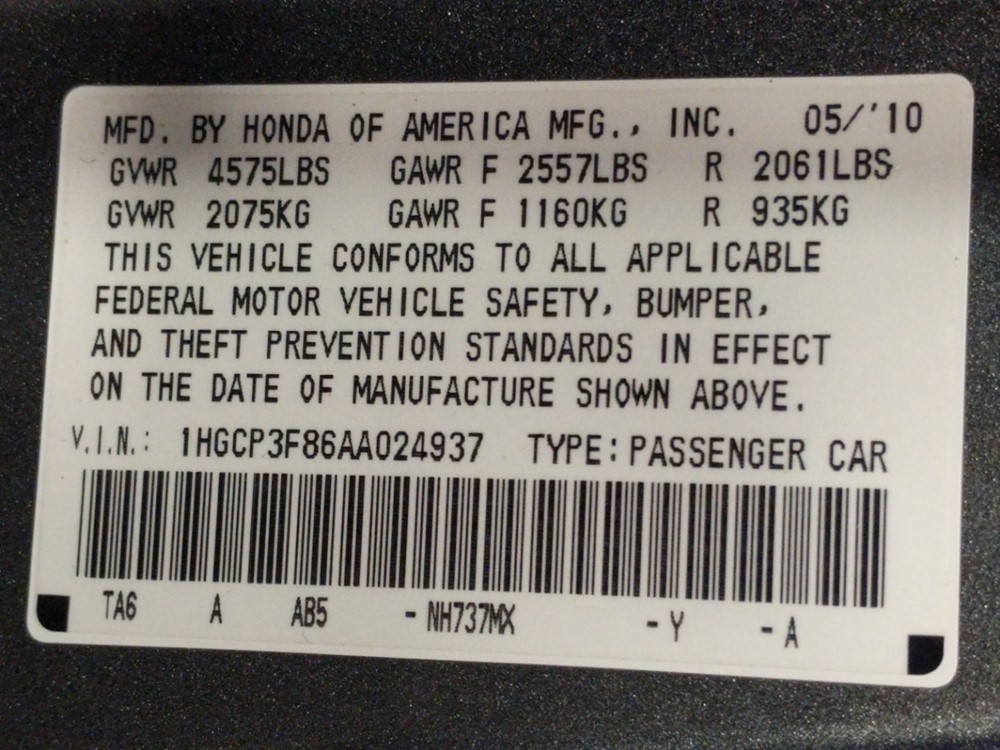 2010 Honda Accord - VIN Plate