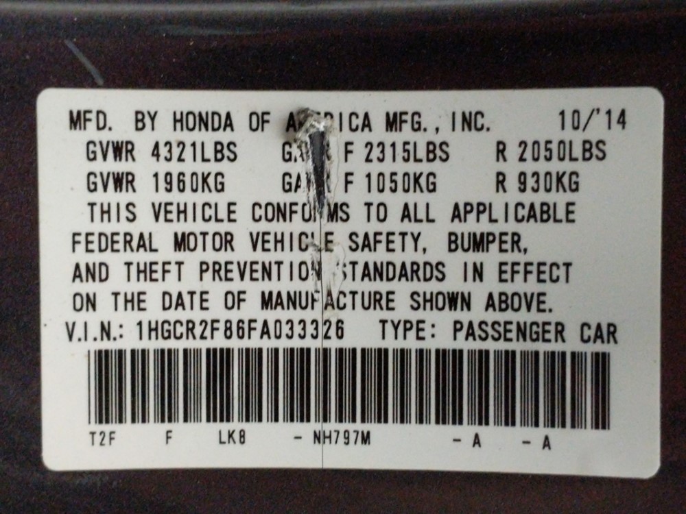2015 Honda Accord - VIN Plate