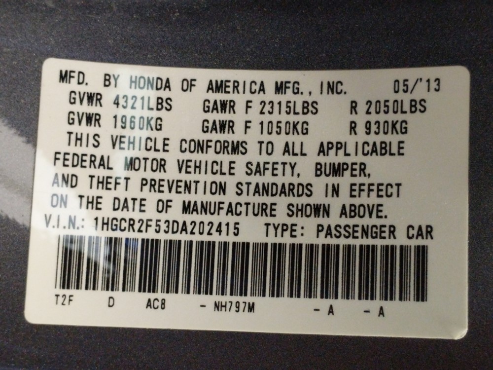 2013 Honda Accord - VIN Plate