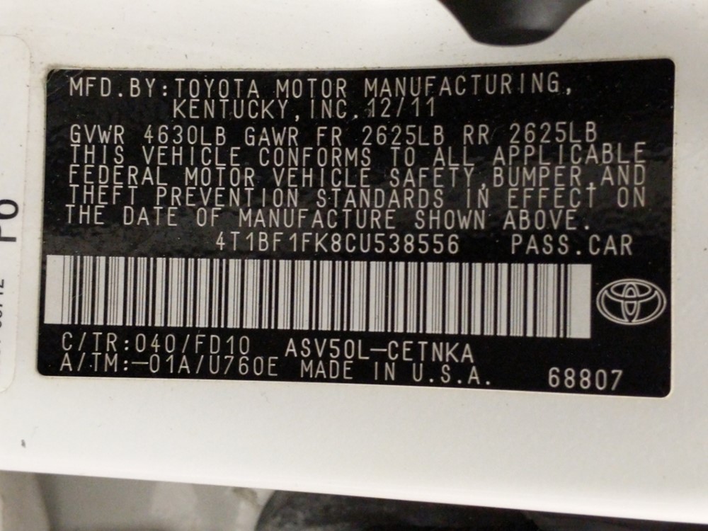 2012 Toyota Camry - VIN Plate