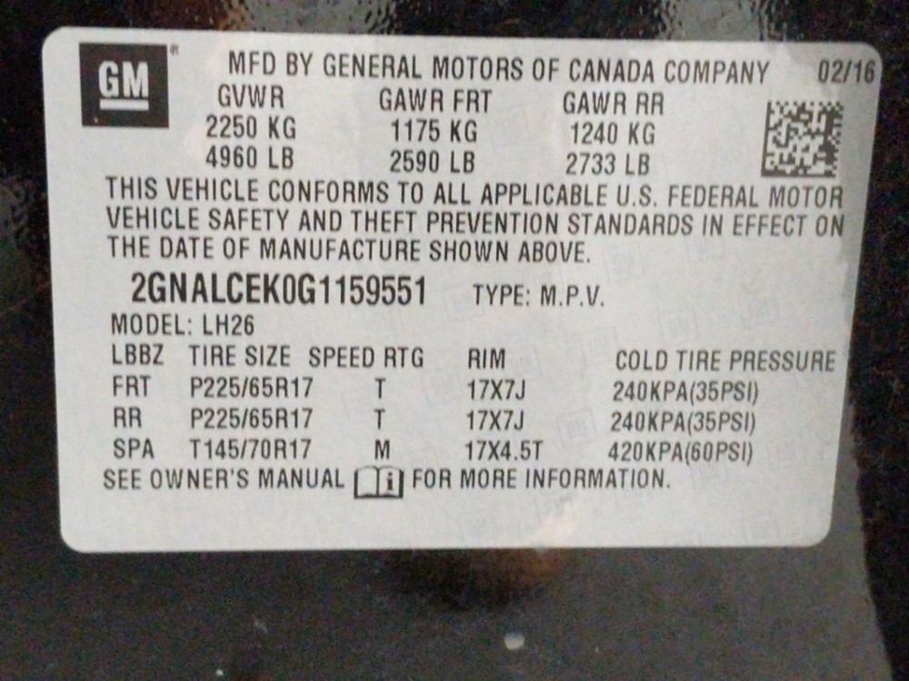 2016 Chevrolet Equinox - VIN Plate