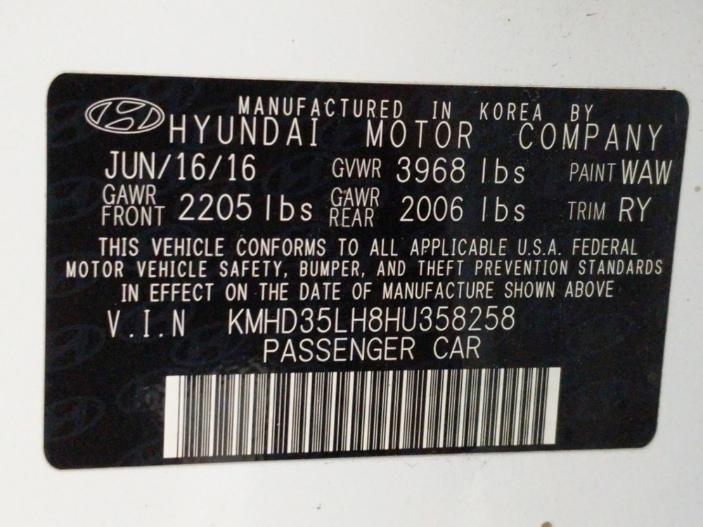 2017 Hyundai Elantra - VIN Plate