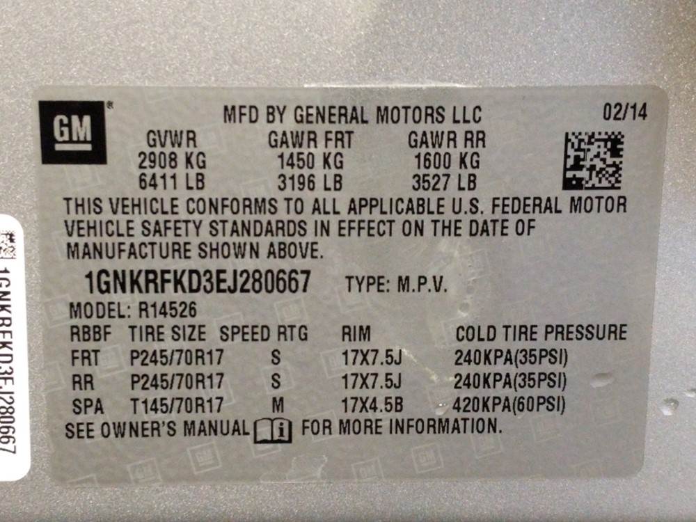 2014 Chevrolet Traverse - VIN Plate