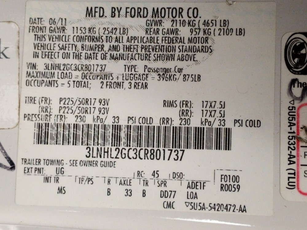 2012 Lincoln MKZ - VIN Plate