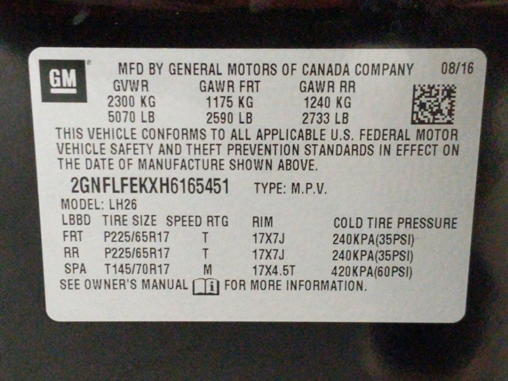 2017 Chevrolet Equinox - VIN Plate