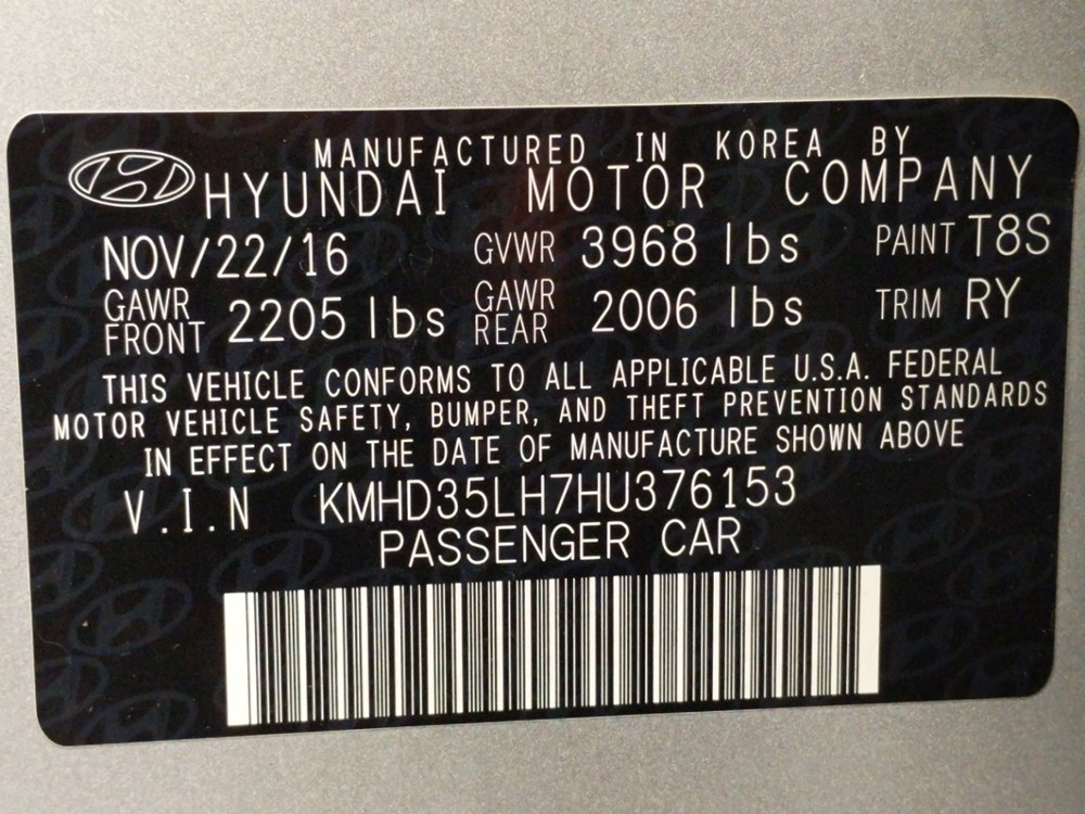 2017 Hyundai Elantra - VIN Plate