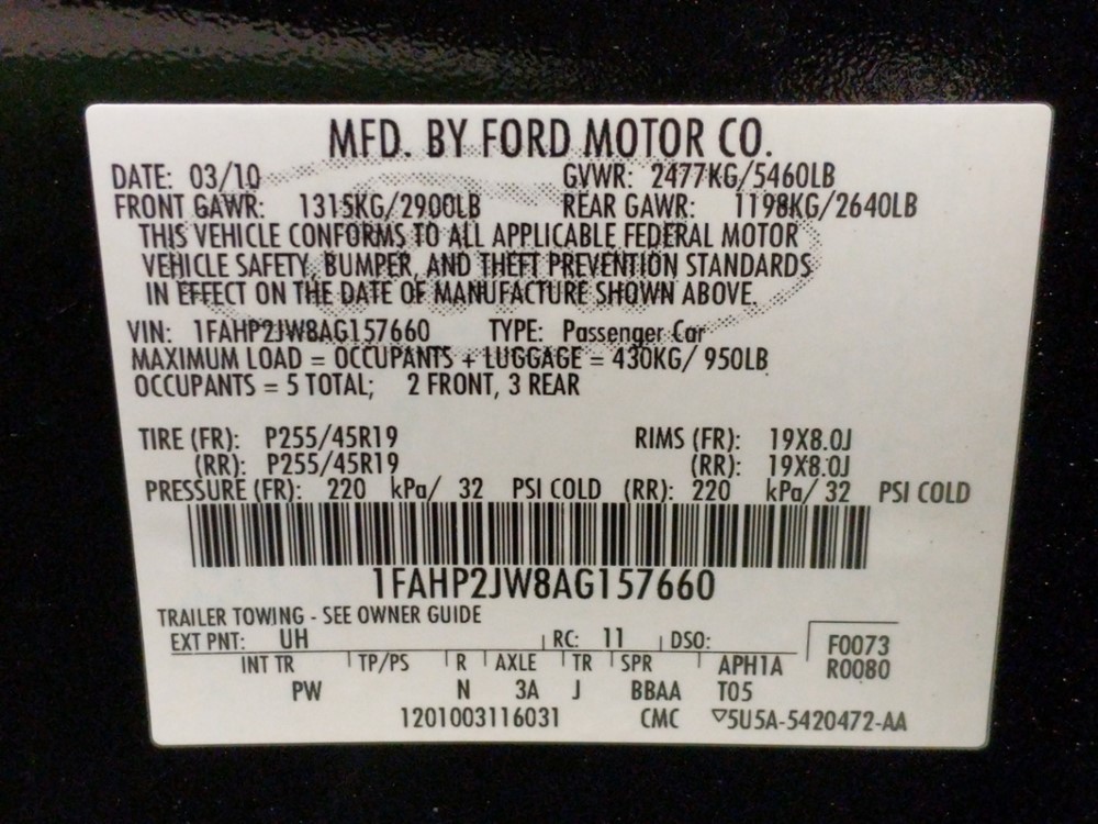 2010 Ford Taurus - VIN Plate