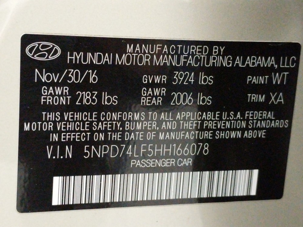 2017 Hyundai Elantra - VIN Plate