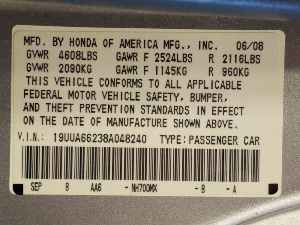 2008 Acura TL - VIN Plate