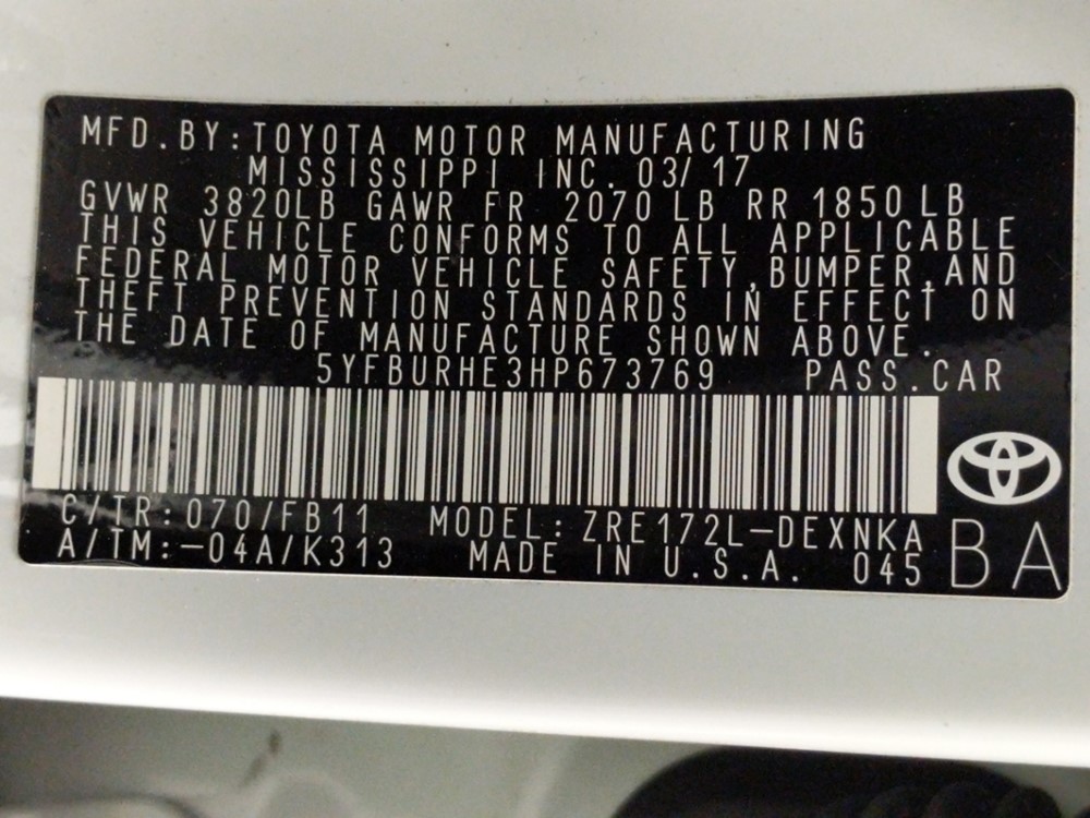 2017 Toyota Corolla - VIN Plate