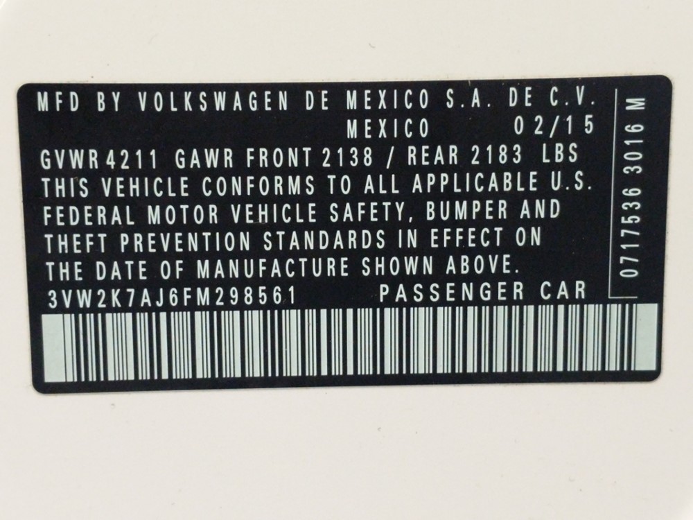 2015 Volkswagen Jetta - VIN Plate