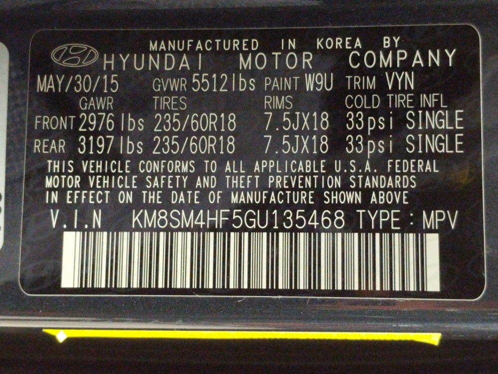 2016 Hyundai Santa Fe - VIN Plate
