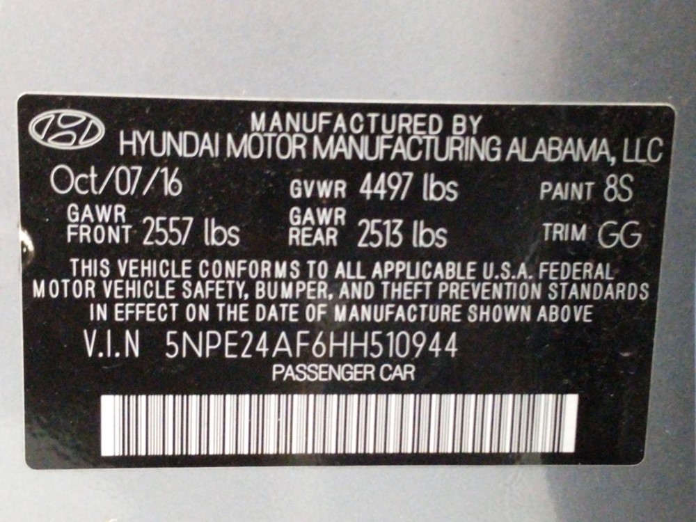 2017 Hyundai Sonata - VIN Plate