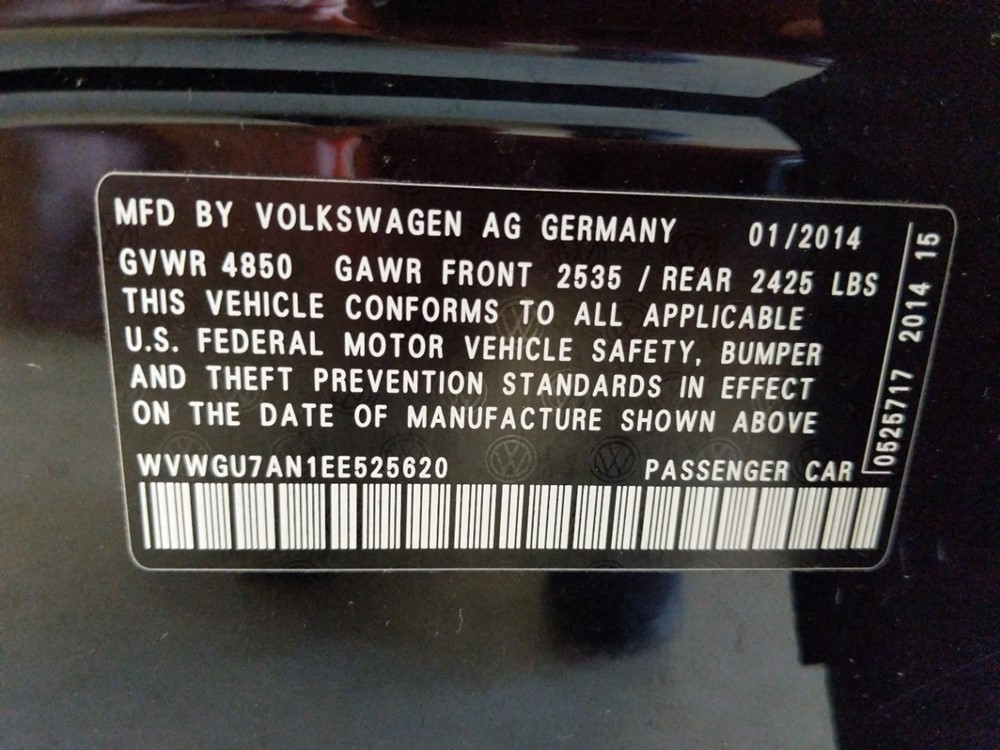 2014 Volkswagen CC - VIN Plate