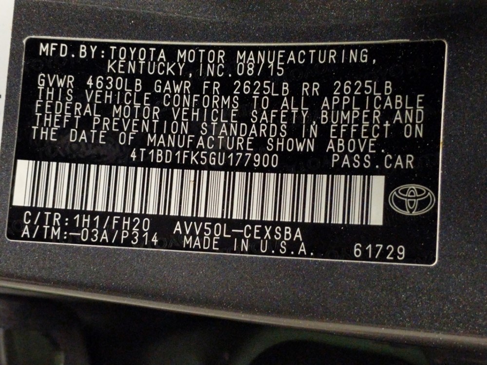 2016 Toyota Camry - VIN Plate