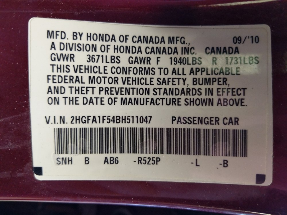 2011 Honda Civic - VIN Plate
