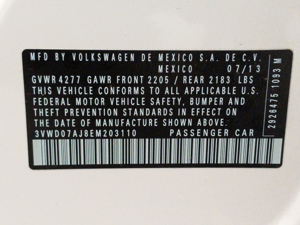 2014 Volkswagen Jetta - VIN Plate