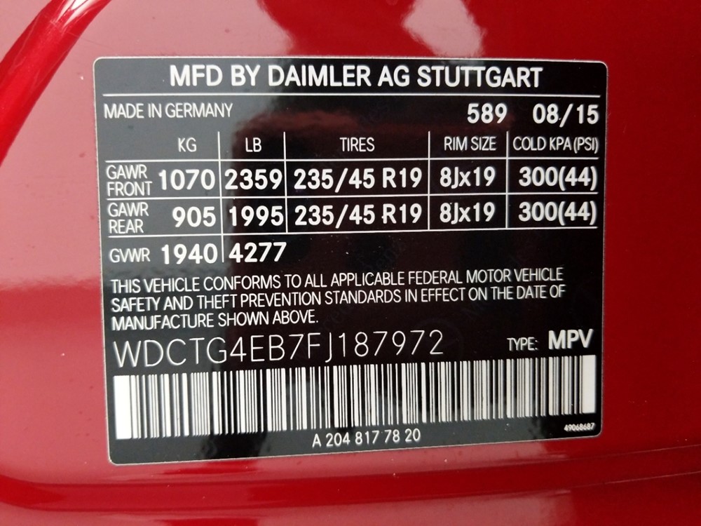 2015 Mercedes-Benz GLA250 - VIN Plate