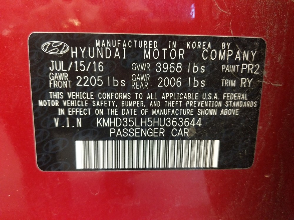 2017 Hyundai Elantra - VIN Plate