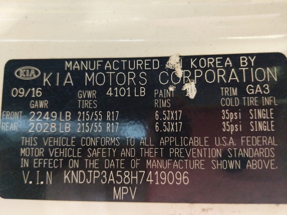 2017 Kia Soul - VIN Plate