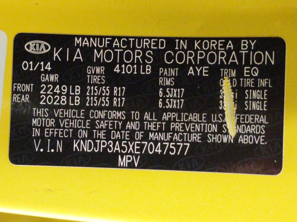 2014 Kia Soul - VIN Plate