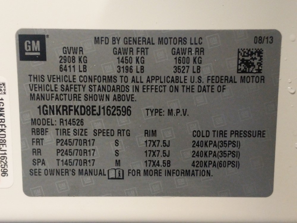 2014 Chevrolet Traverse - VIN Plate