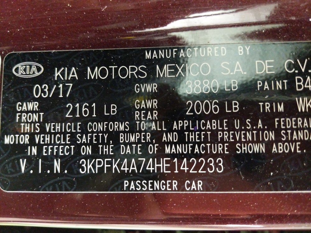 2017 Kia Forte - VIN Plate
