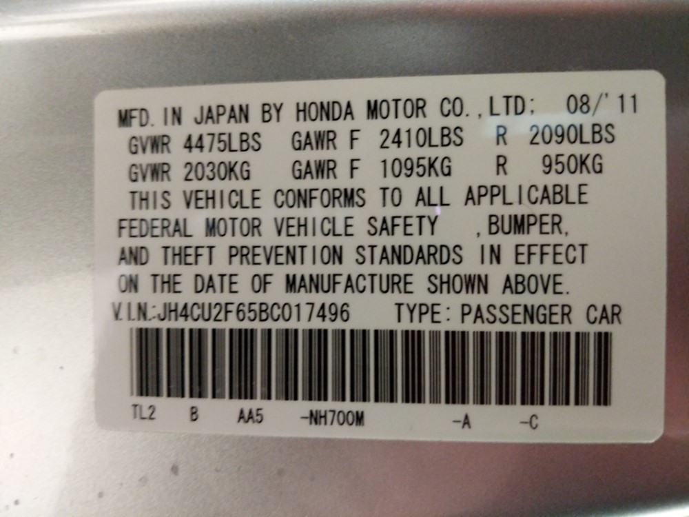2011 Acura TSX - VIN Plate