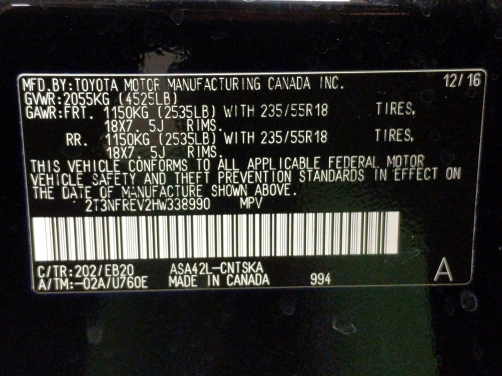 2017 Toyota RAV4 - VIN Plate