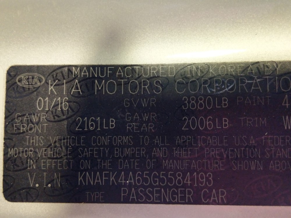 2016 Kia Forte - VIN Plate