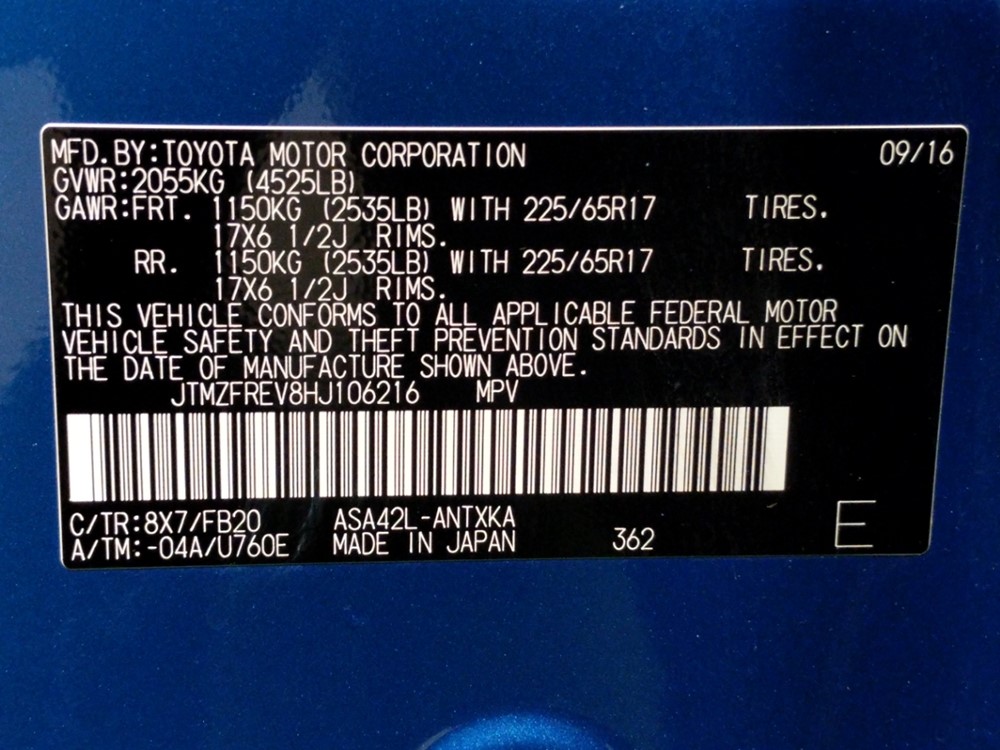 2017 Toyota RAV4 - VIN Plate