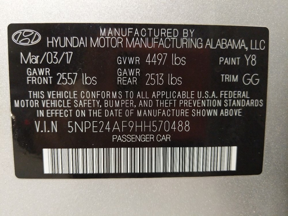 2017 Hyundai Sonata - VIN Plate