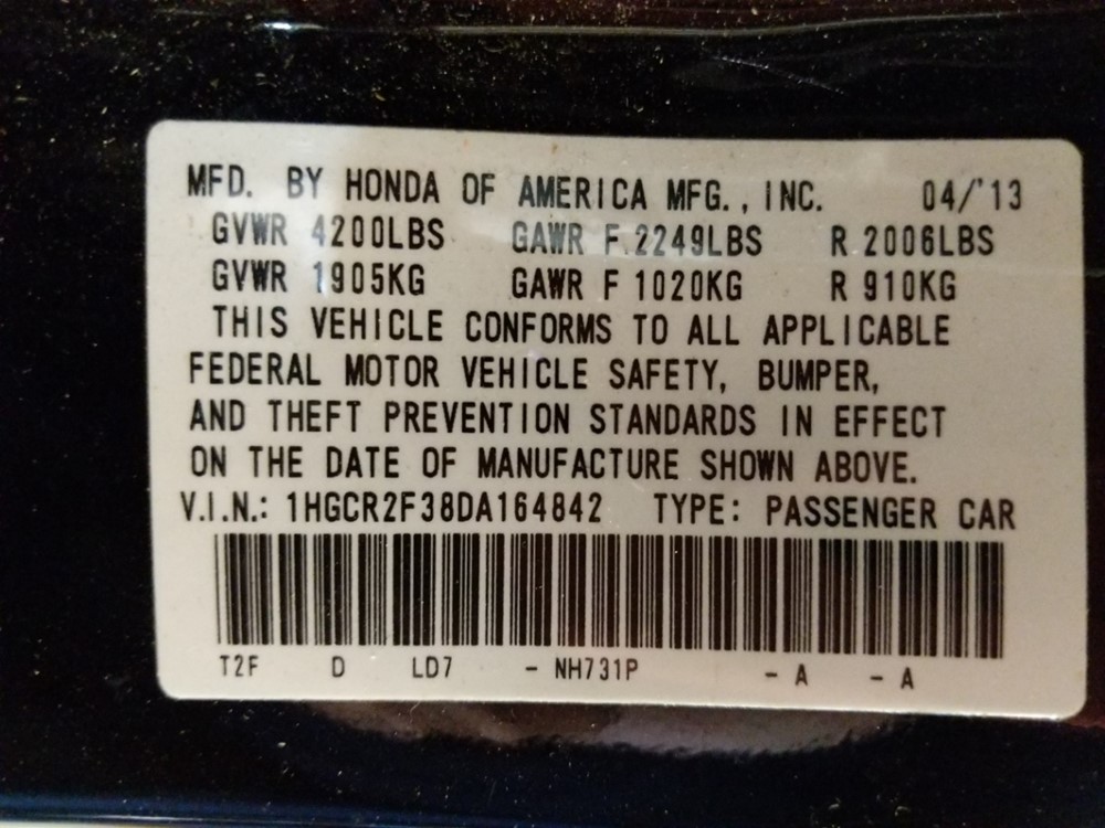 2013 Honda Accord - VIN Plate