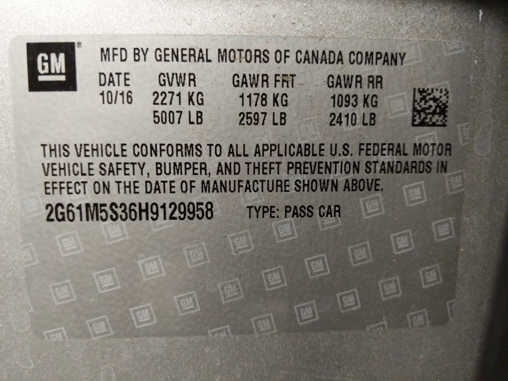 2017 Cadillac XTS - VIN Plate