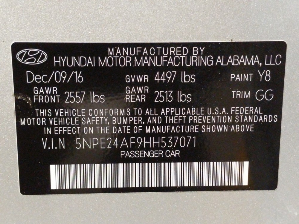2017 Hyundai Sonata - VIN Plate
