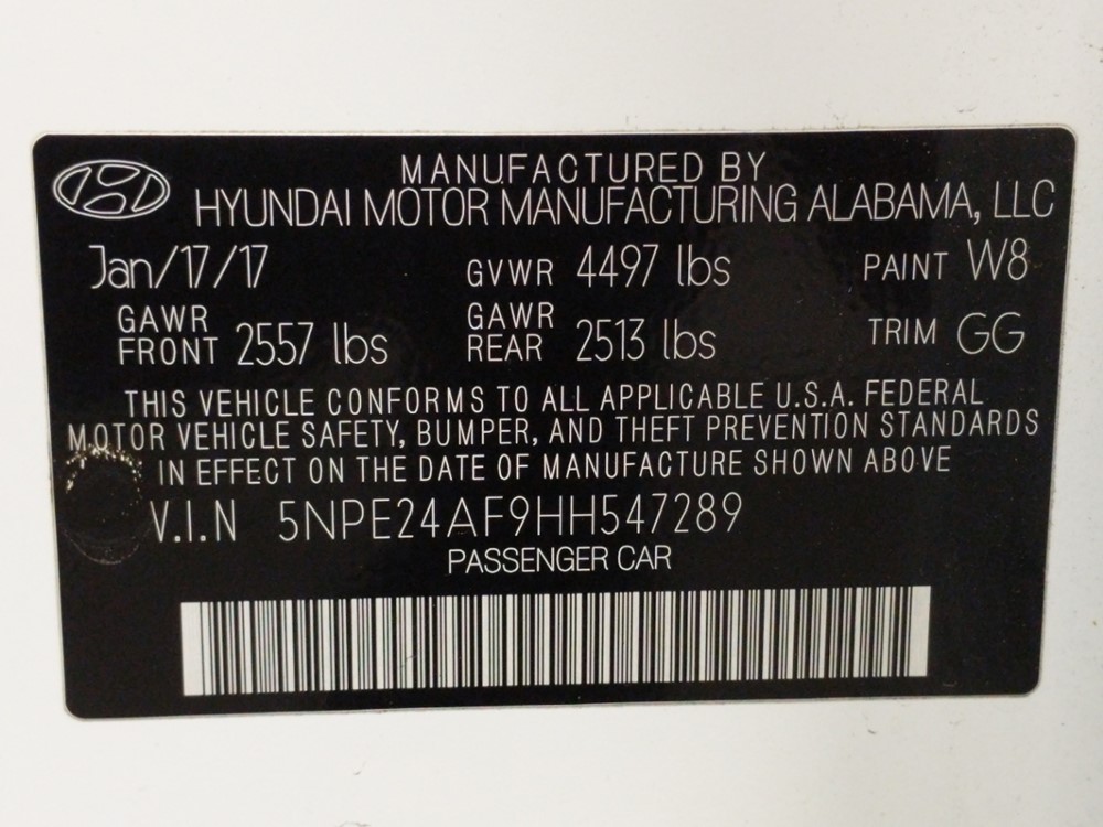2017 Hyundai Sonata - VIN Plate