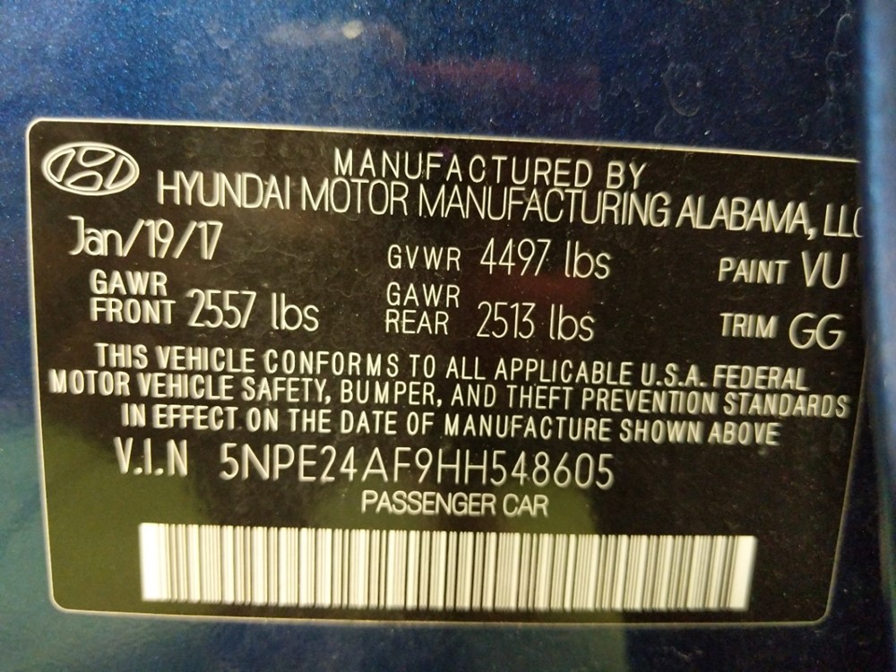 2017 Hyundai Sonata - VIN Plate