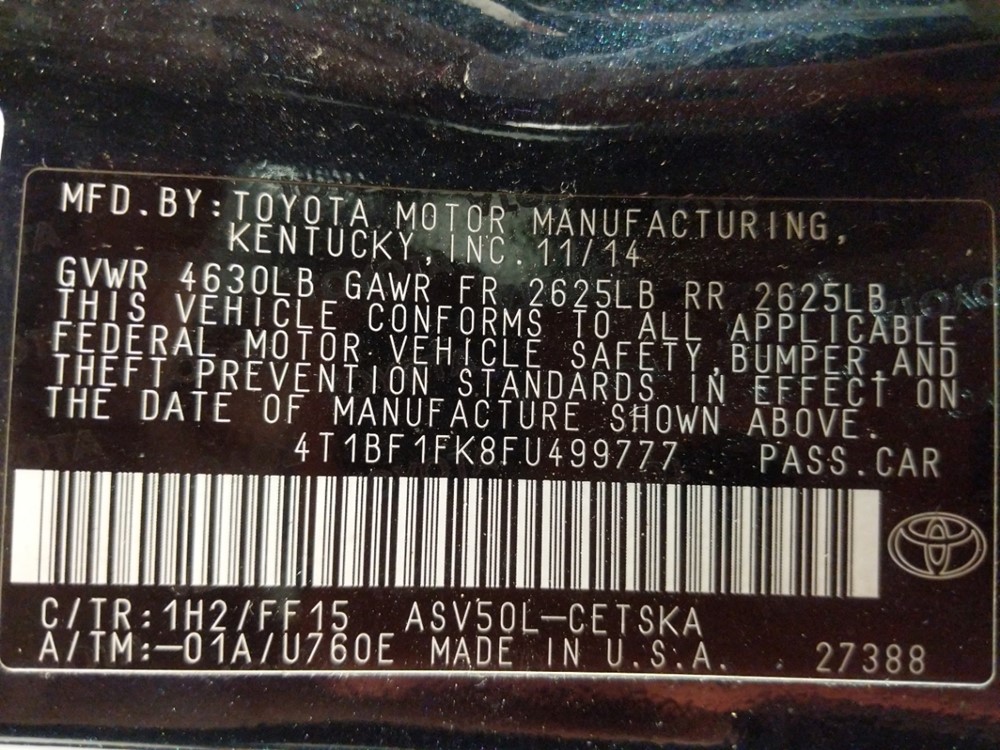 2015 Toyota Camry - VIN Plate