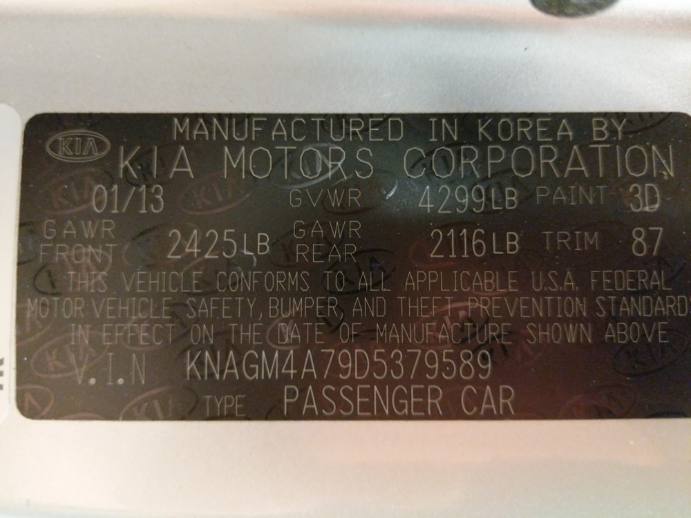 2013 Kia Optima - VIN Plate