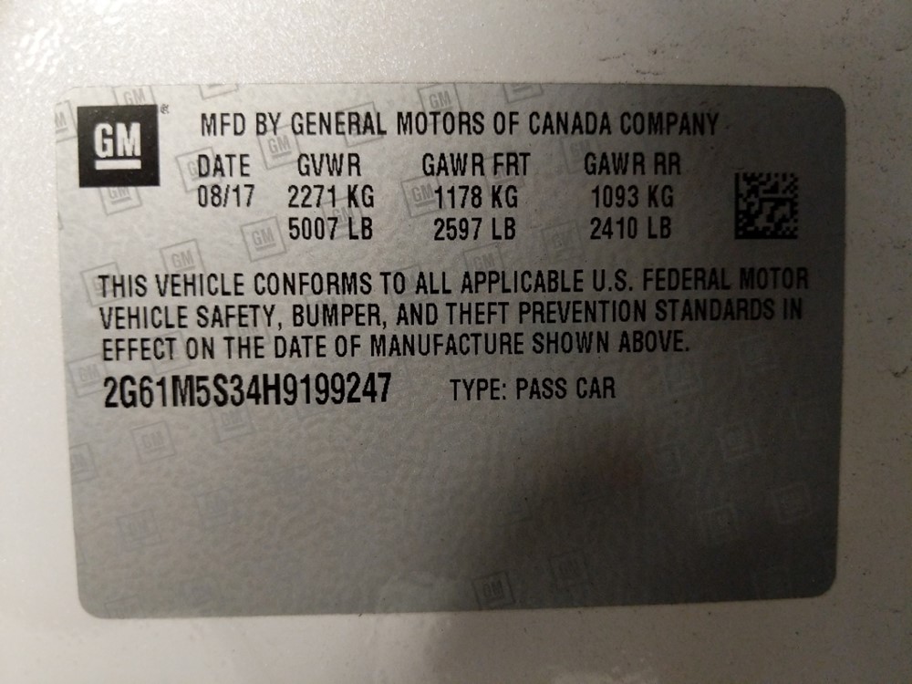 2017 Cadillac XTS - VIN Plate