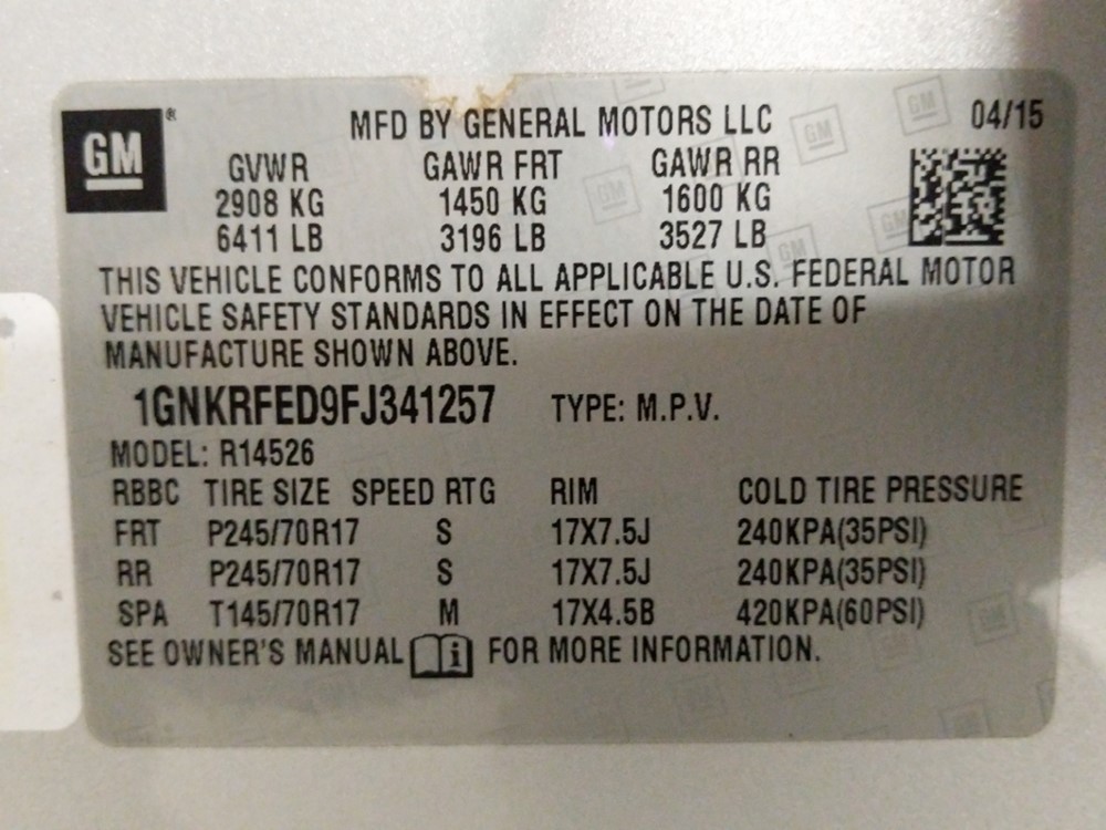 2015 Chevrolet Traverse - VIN Plate