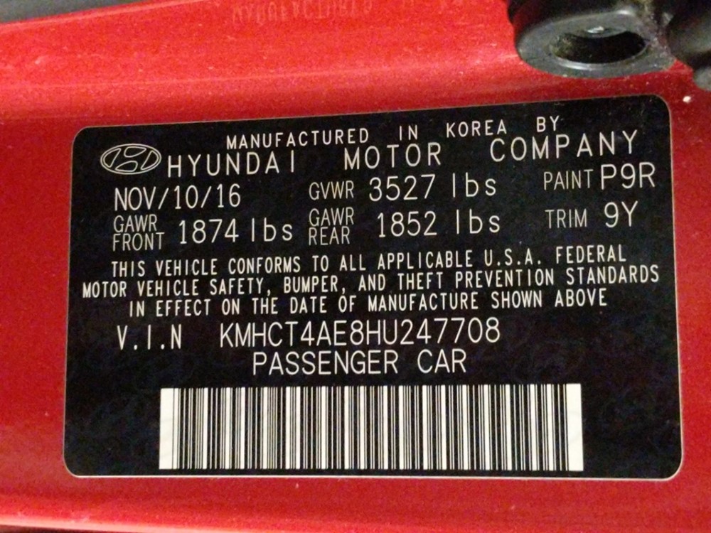 2017 Hyundai Accent - VIN Plate