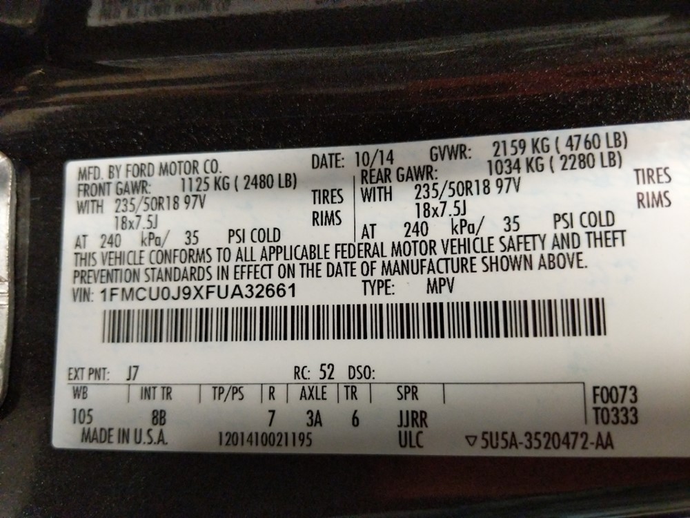 2015 Ford Escape - VIN Plate